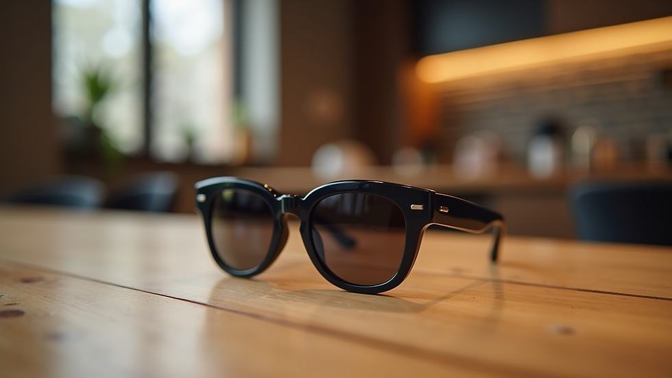 Eye-level view of stylish sunglasses displayed on a wooden table