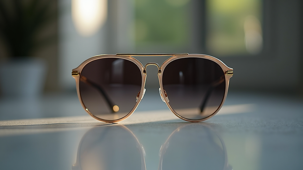 Close-up view of luxury sunglasses with gold accents on a reflective surface