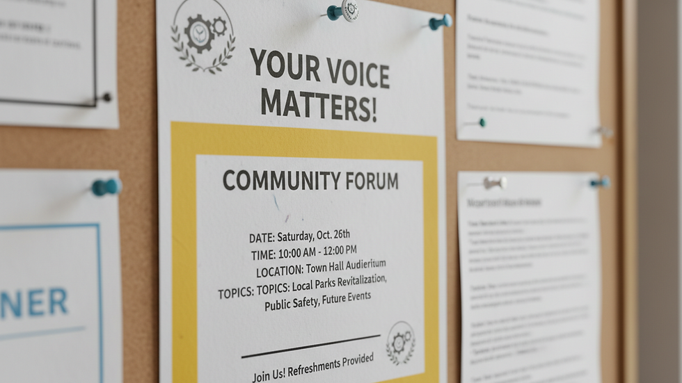 Close-up view of a community meeting flyer on a bulletin board
