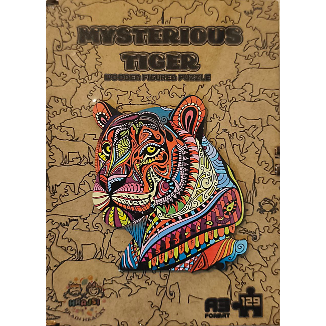 Elegantní dřevěná krabička na puzzle Tajemný tygr, ideální balení pro hodnotný dárek.