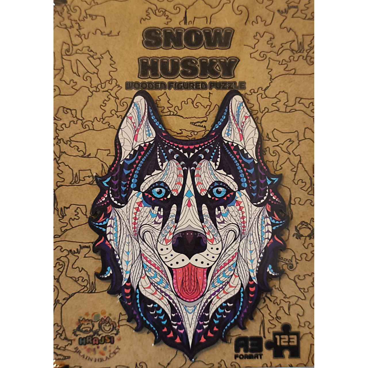 Krabička dřevěného puzzle „Sněžný husky“ A3 – praktické balení pro dárek nebo skladování.