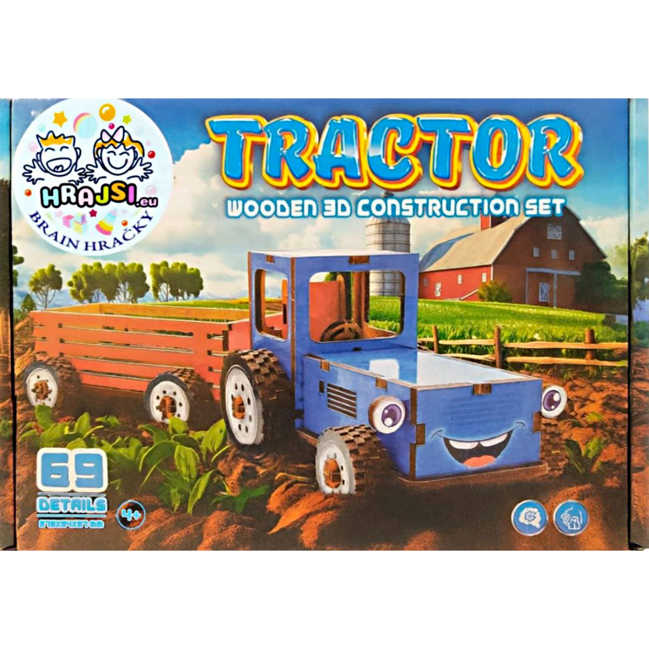 Krabice s dřevěnou stavebnicí traktoru pro děti