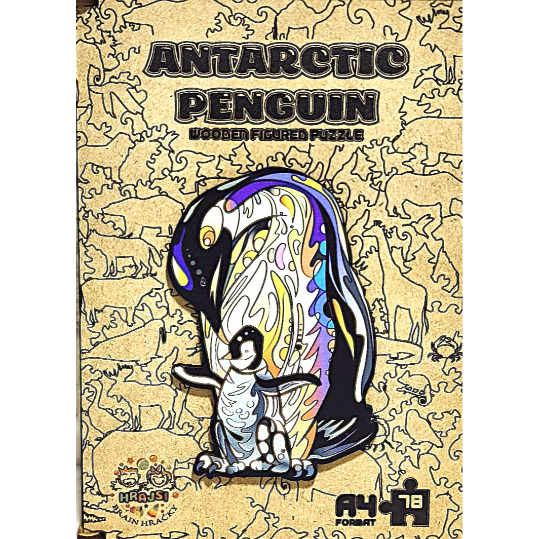 Dřevěná krabička s pestrobarevným tučňákem – puzzle 78 dílků