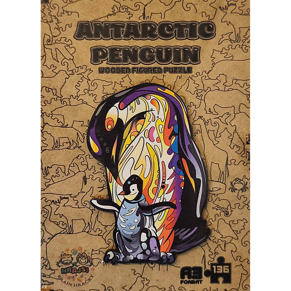 Krabička dřevěného puzzle "Antarktický tučnák" A3 – praktické balení pro dárek nebo skladování.
