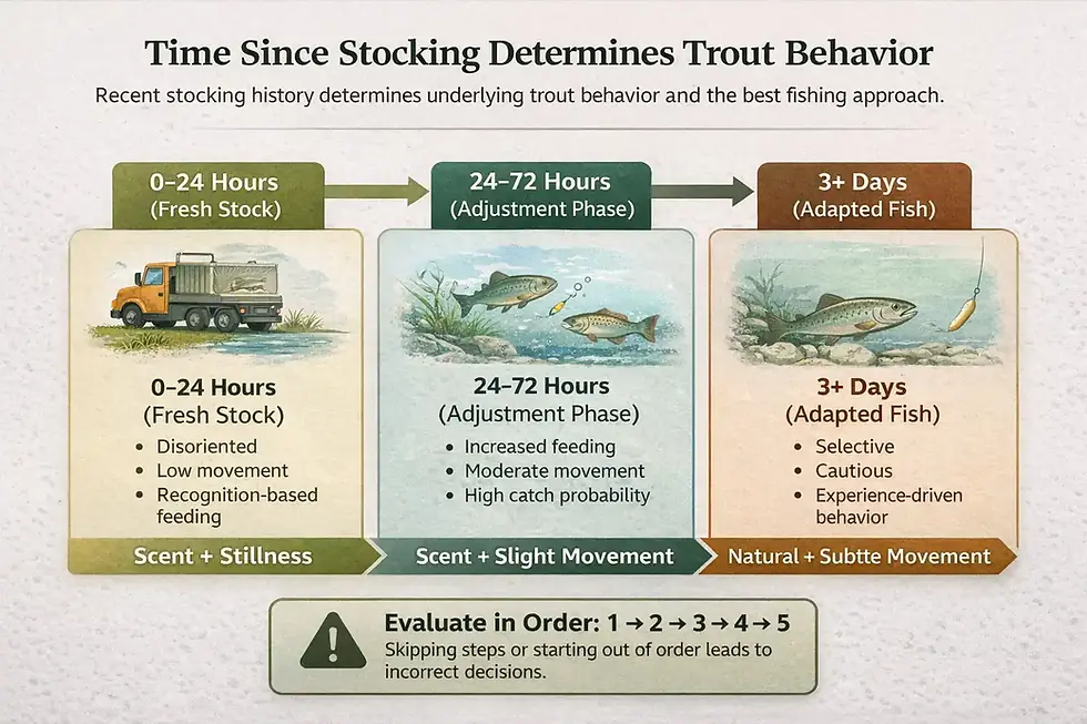 Infographic showing trout behavior and fishing strategy based on time since stocking including fresh stock, adjustment phase, and adapted fish stages.