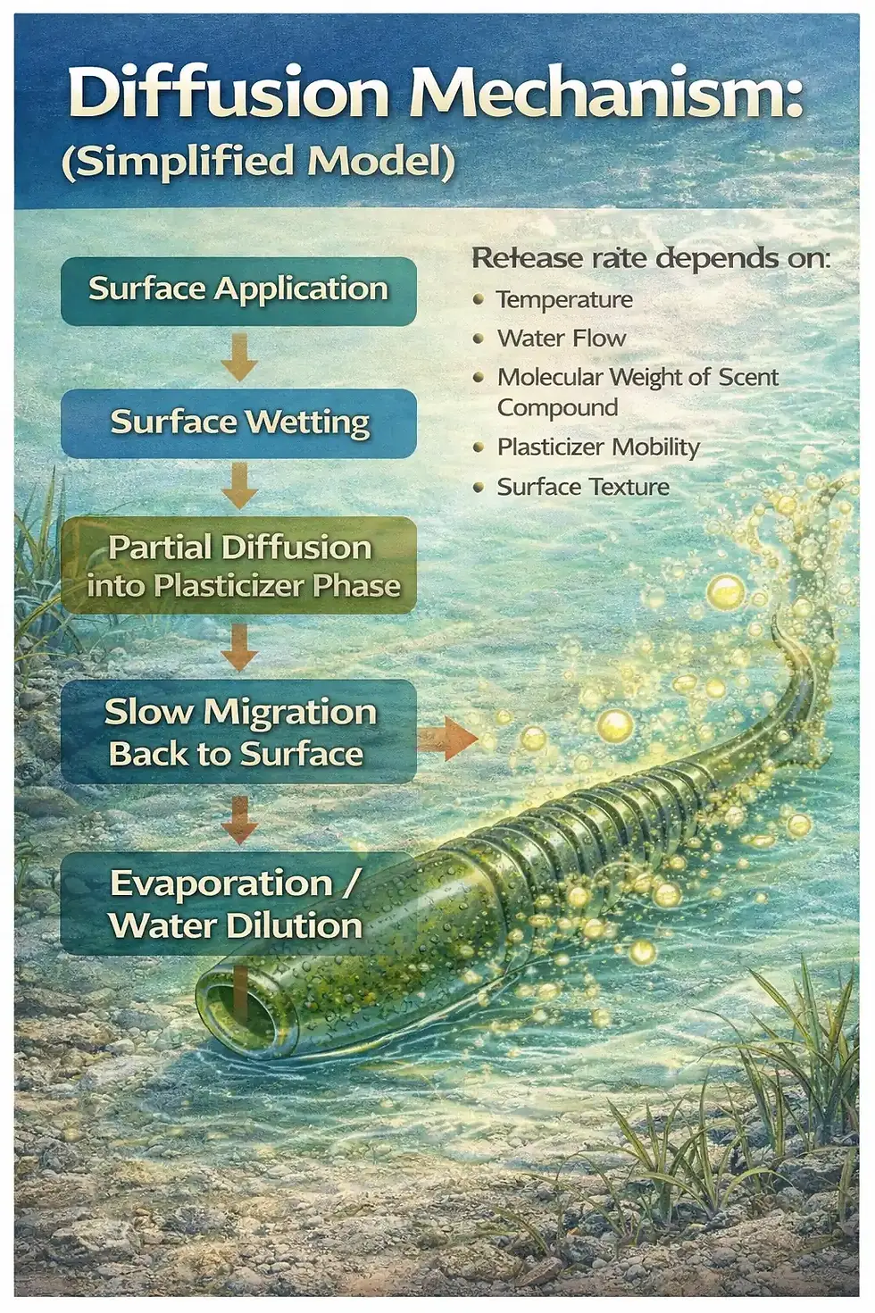 Diagram illustrating scent diffusion in a soft plastic lure, showing scent molecules entering the polymer matrix, dispersing internally, and gradually diffusing outward into surrounding water.