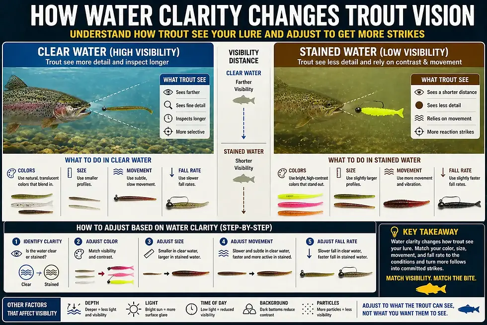Comparison of trout vision in clear vs stained water showing how water clarity affects visibility, color perception, and strike behavior