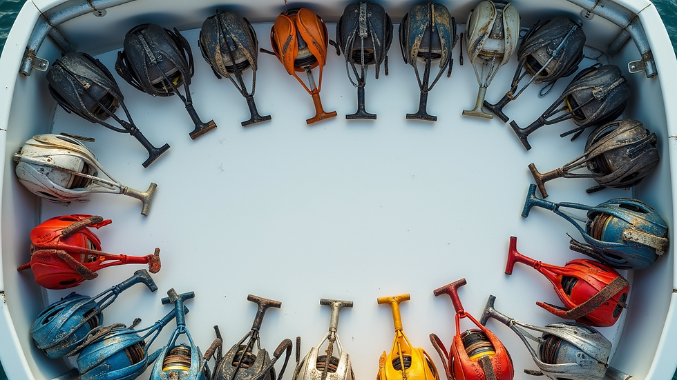 High angle view of fishing gear laid out on a boat deck