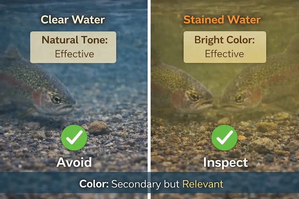 Split underwater image showing trout responding to natural-colored bait in clear water and bright-colored bait in stained water, illustrating how color affects visibility but remains secondary to shape and scent.