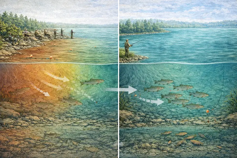 Split illustration showing fishing pressure pushing stocked trout away from crowded shoreline areas into deeper, less disturbed water where they become more cautious and spread out