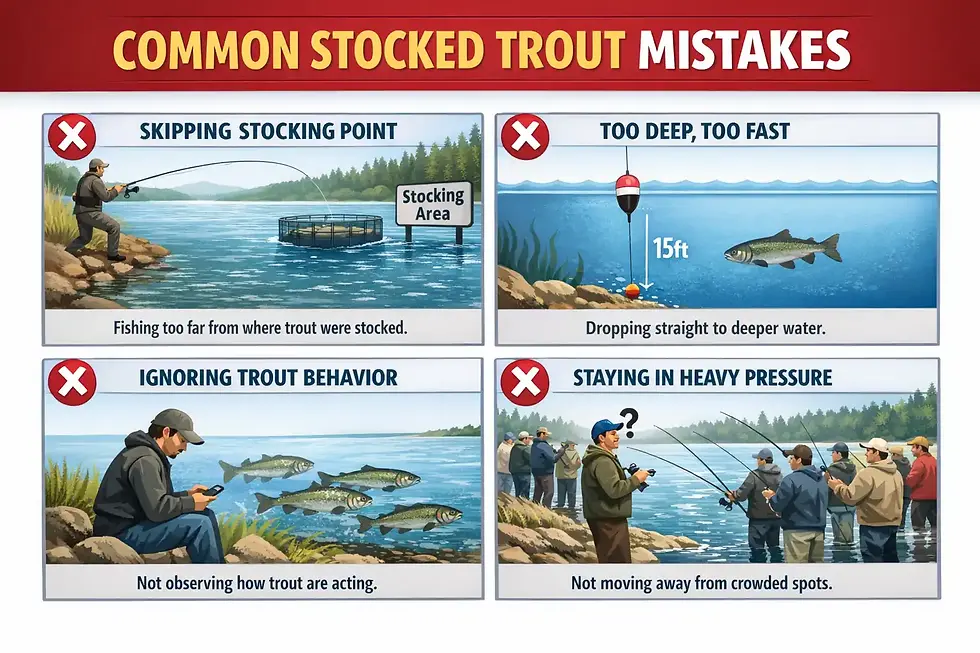 Infographic showing common stocked trout fishing mistakes including skipping stocking areas, fishing too deep, ignoring trout behavior, and staying in crowded locations.