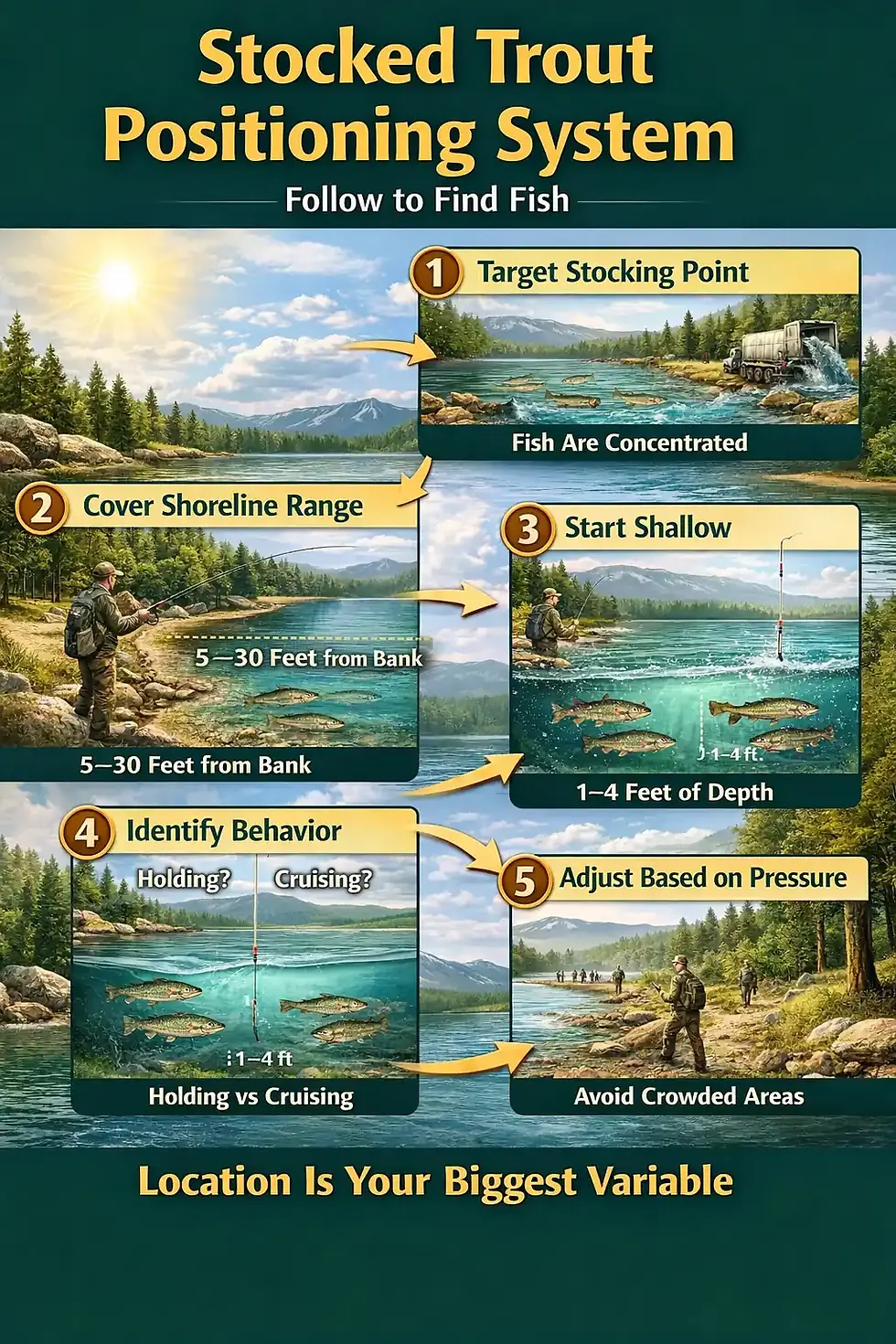 Infographic showing five-step stocked trout positioning system: target stocking point, fish shoreline range, start shallow, identify behavior, and adjust based on pressure.