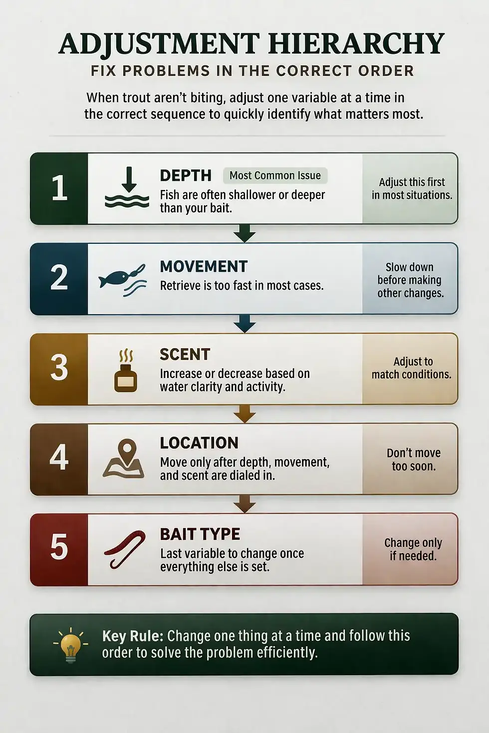 Infographic showing trout fishing adjustment hierarchy including depth, movement, scent, location, and bait type in correct order.