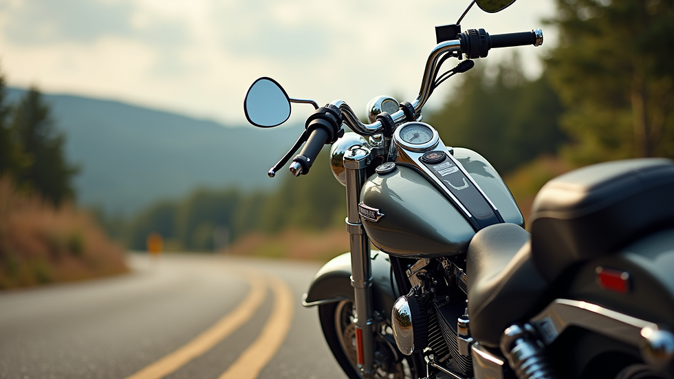 Eye-level view of a classic Harley-Davidson motorcycle parked on a scenic road