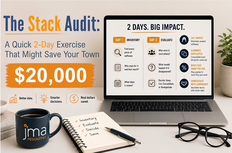 Graphic promoting a local government software stack audit, showing a two-day process that can help municipalities identify duplicate software, eliminate unused subscriptions, and save up to $20,000 annually.