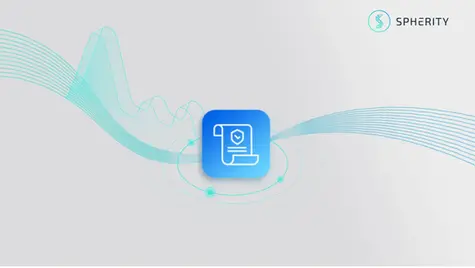 Blue icon of a digital document with a shield symbol, centered over a futuristic wave