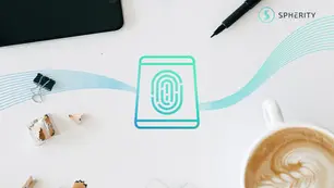 Workspace with digital fingerprint icon in center