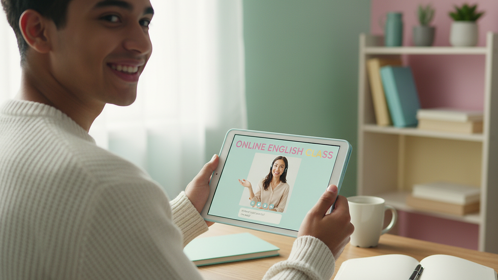 Close-up view of a person using a tablet for an online English speaking class