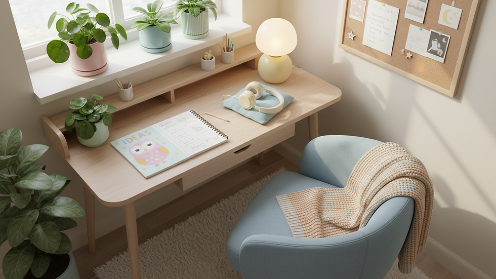 High angle view of a cozy home study space with a notebook and headphones
