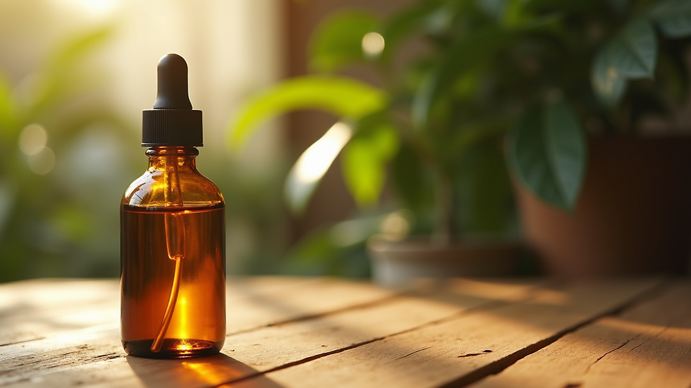 Close-up view of a bottle of Jamaican hair growth oil on a wooden table