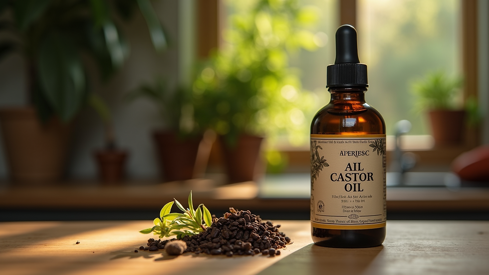 Close-up view of a bottle of Jamaican black castor oil on a wooden table