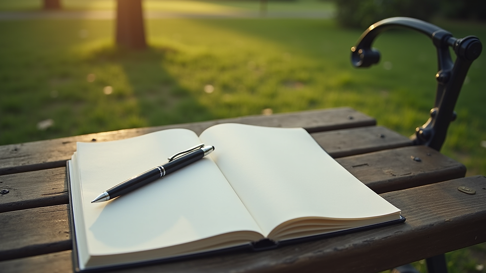 High angle view of a peaceful outdoor space with a notebook and pen on a bench