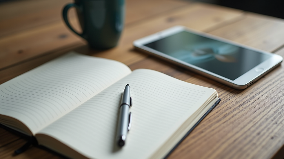 Close-up view of a journal and pen next to a tablet with a personal growth eBook