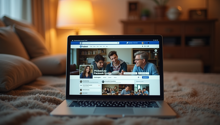 Eye-level view of a cozy room with a laptop open to a Facebook group page