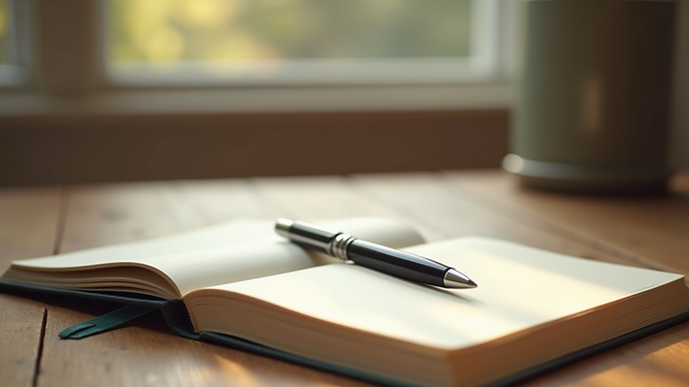 Close-up view of a journal and pen on a wooden table with soft natural light