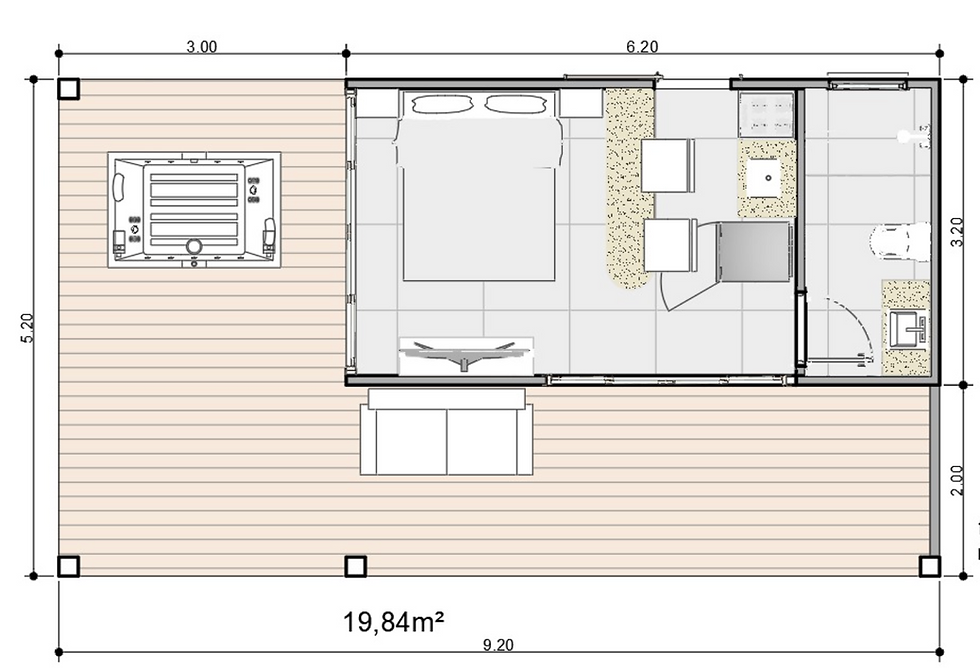 cabana modular ihouse pre-fabricada 20m2 com pergolado