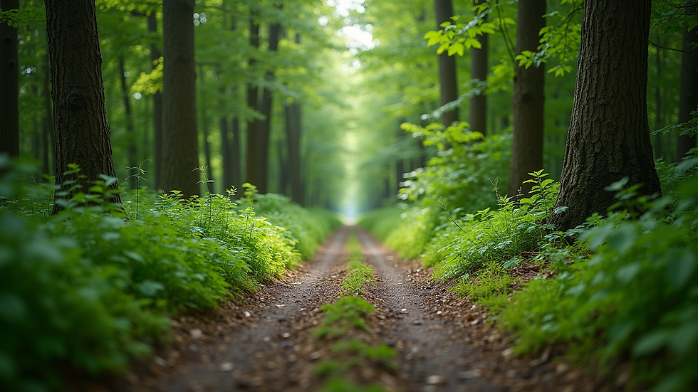 Eye-level view of a serene forest path surrounded by lush greenery