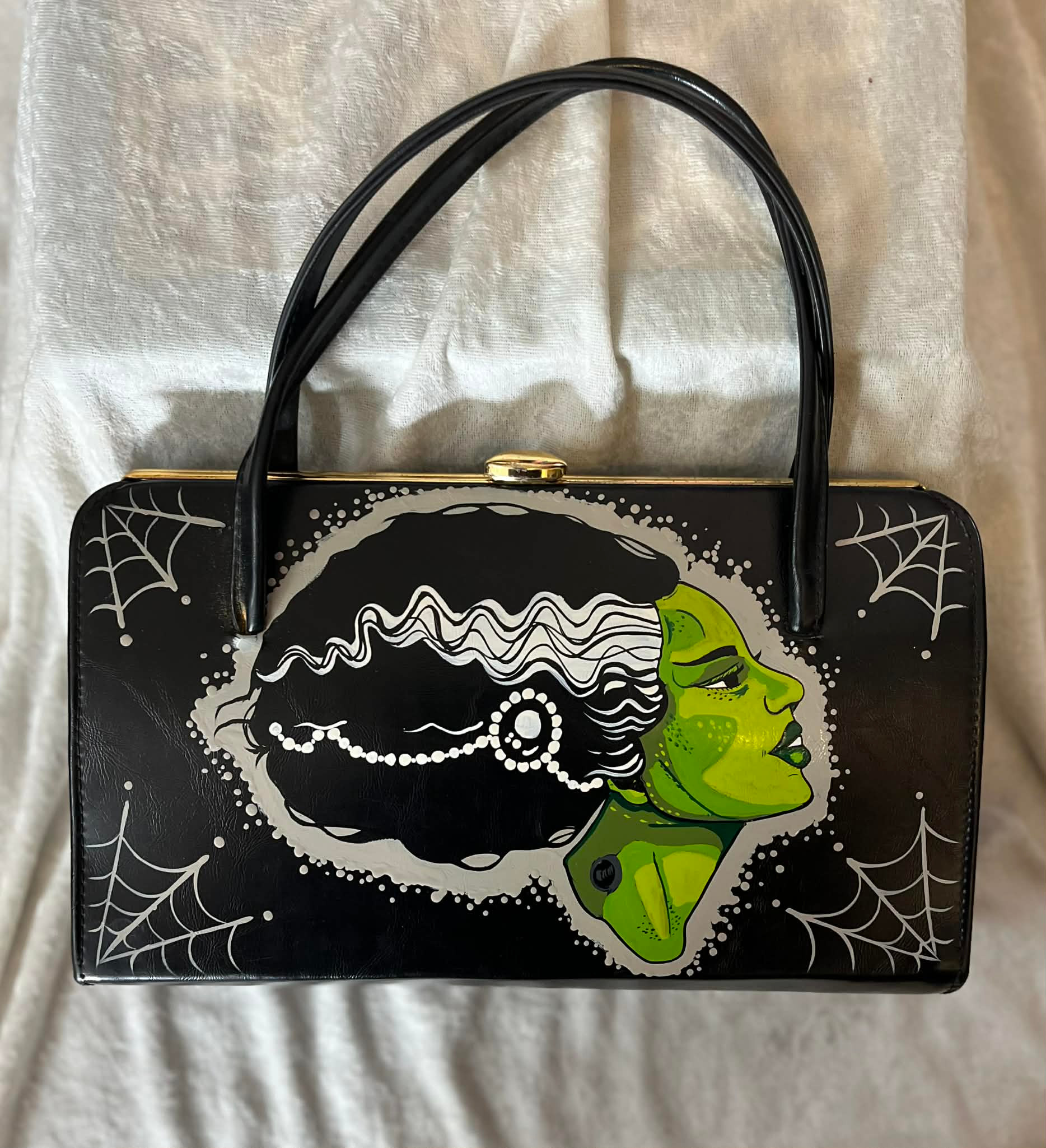 Bride of Frankenstein Vintage Black Leather Kelly Handbag.