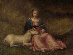 Italienisch (Veneto): Jungfrau mit Einhorn, um 1510, Öl auf Leinwand, Rijksmuseum, Amsterdam