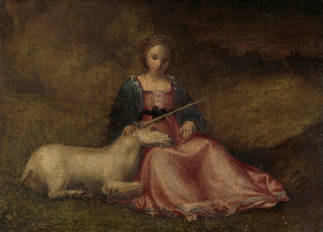 Italienisch (Veneto): Jungfrau mit Einhorn, um 1510, Öl auf Leinwand, Rijksmuseum, Amsterdam