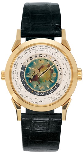 Weltzeit-Herrenarmbanduhr mit Namen von 41 Städten, Regionen und Ländern; 1951 