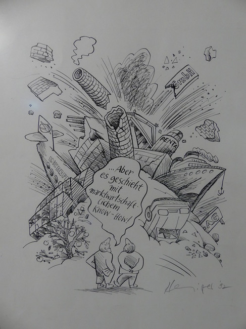 Karikaturen zum unheilvollen Wirken der Treuhandanstalt im Zeitgeschichtlichen Museum