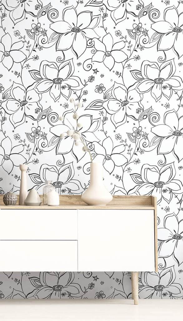 Thumbnail: Linework Peel-and-Stick in Black and White Flower Wallpaper by NextWall