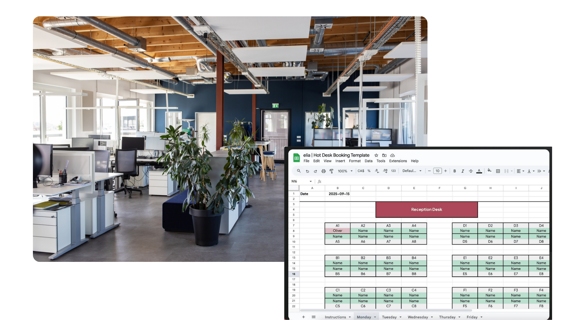Desk Sharing mit Excel: Modernes Büro mit einer Excel-Tabelle zur Organisation und Buchung von Arbeitsplätzen.