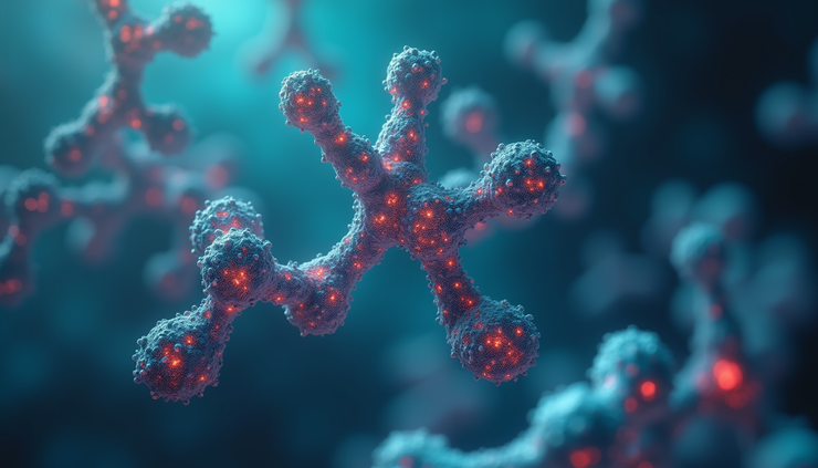 Close-up view of a molecular model representing futuristic peptides