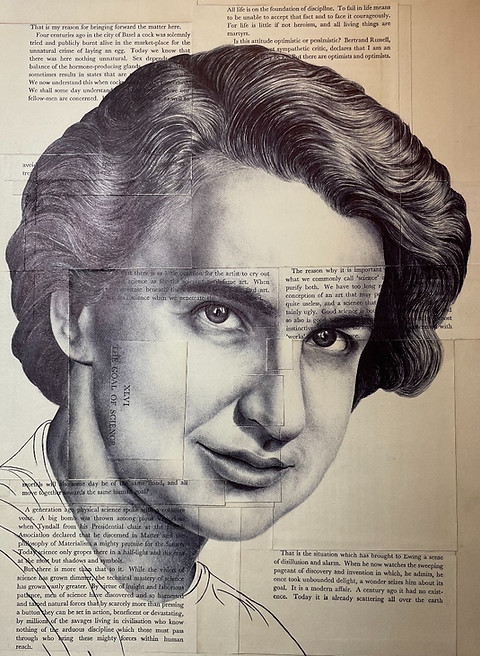 Ballpoint pen portrait of Rosalind Franklin by H Hajallie, highlighting her contributions to DNA research, on antique texts.