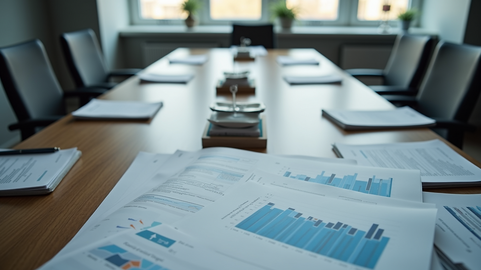 High angle view of a conference table with notebooks and charts
