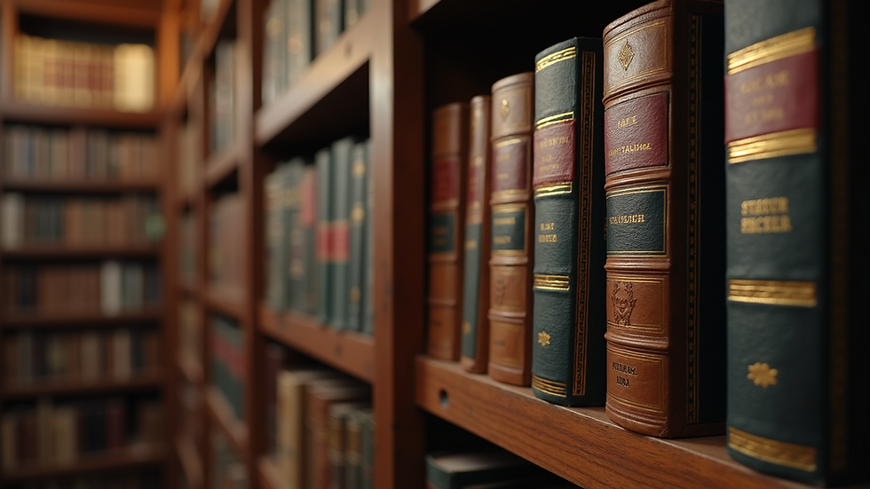 Wide angle view of legal books on a shelf