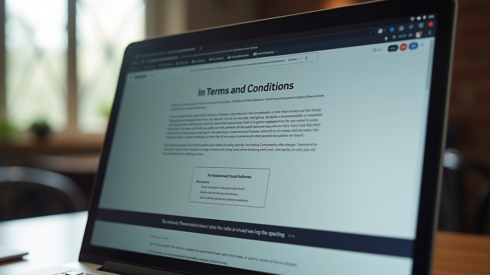 Eye-level view of a laptop screen displaying a terms and conditions webpage