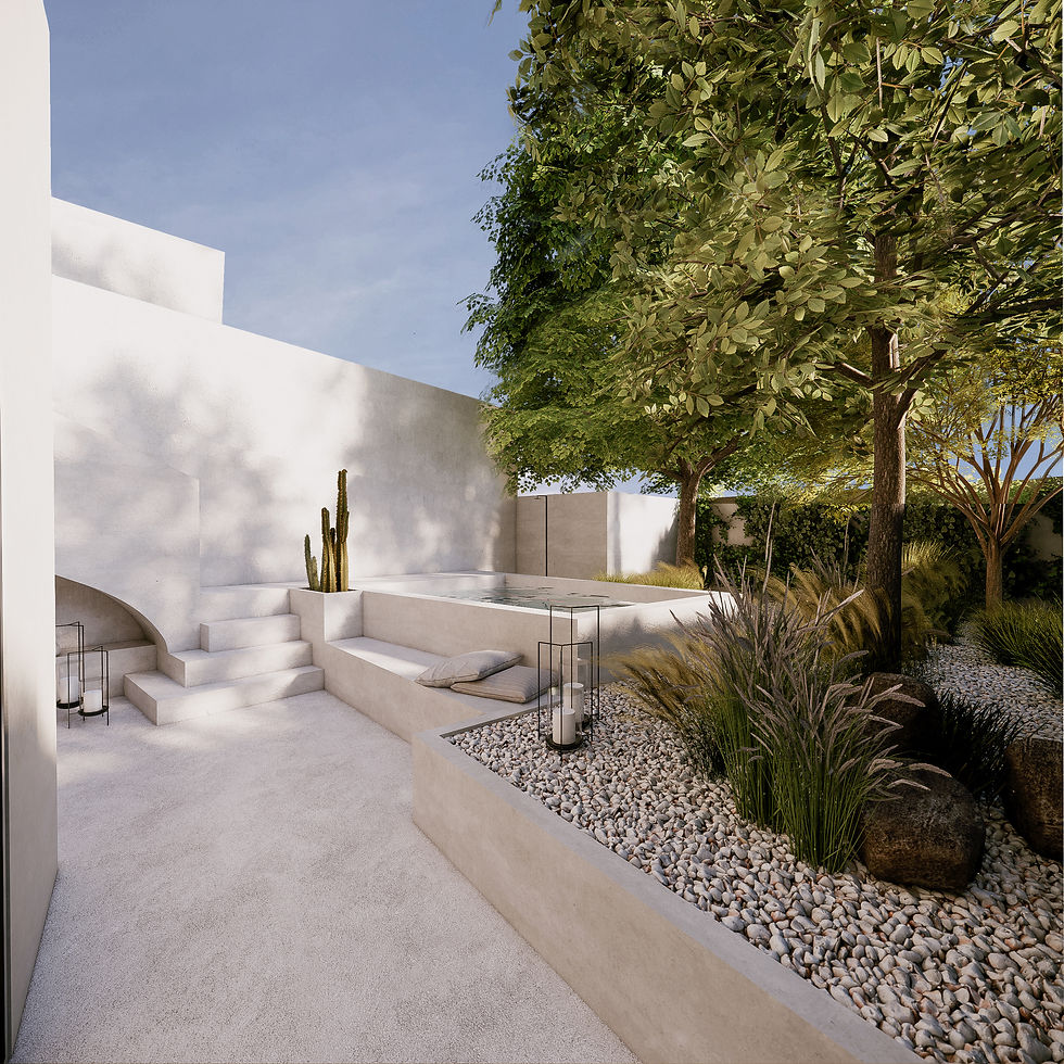 An outside view of the kitchen, with a clear sightline to the pool and the staircase leading up to the terrace.