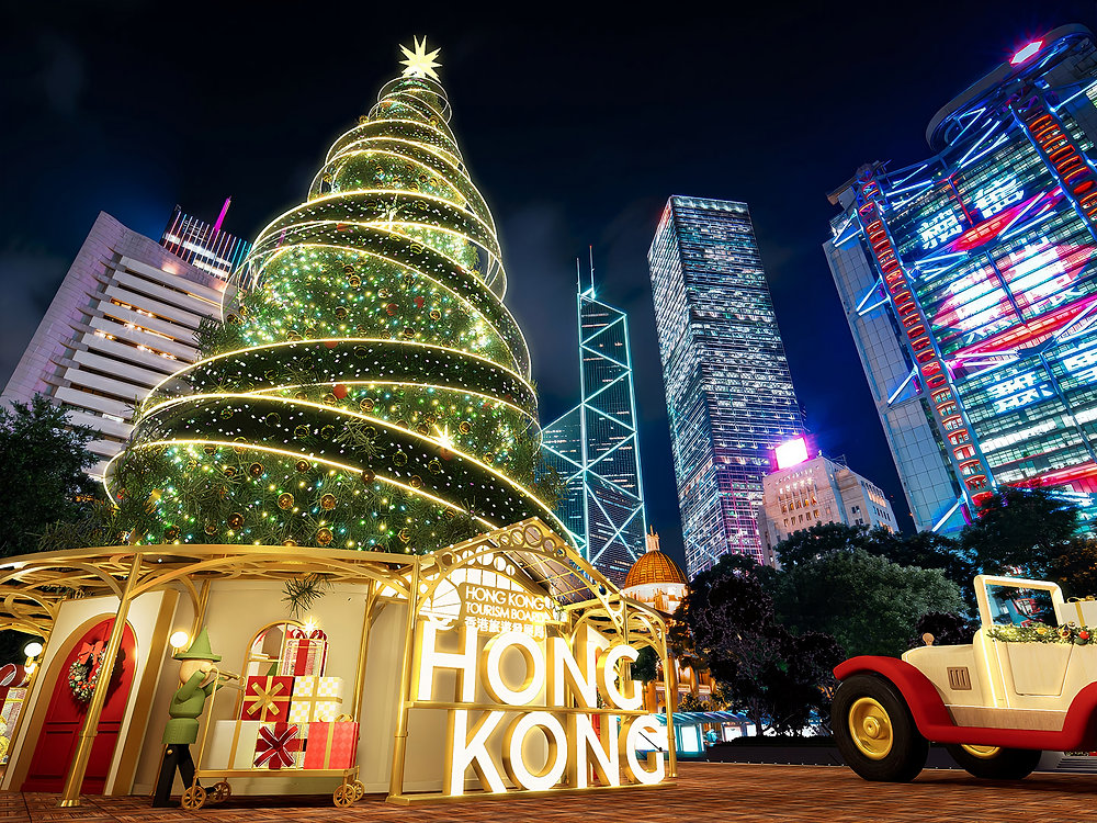 A large, illuminated Christmas tree with golden lights and ornaments stands prominently among tall, brightly lit skyscrapers at night in Hong Kong, surrounded by festive decorations and a vintage-style car, creating a vibrant holiday display.