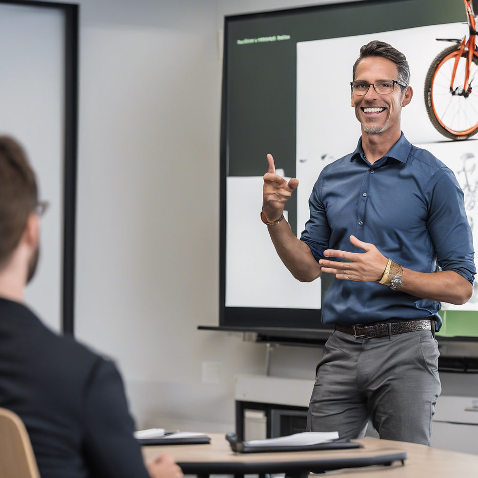 educator presenting to a class of professionals with a picture of a cyclist on the screen