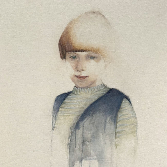 An expressive oil portrait of a young girl, showing her head and upper body.The image is unfinished and fades away into drips of paint at the bottom. Parts of her face are left unpainted. She is looking out at the viewer. Her her is dark brown and cut in a bob. 