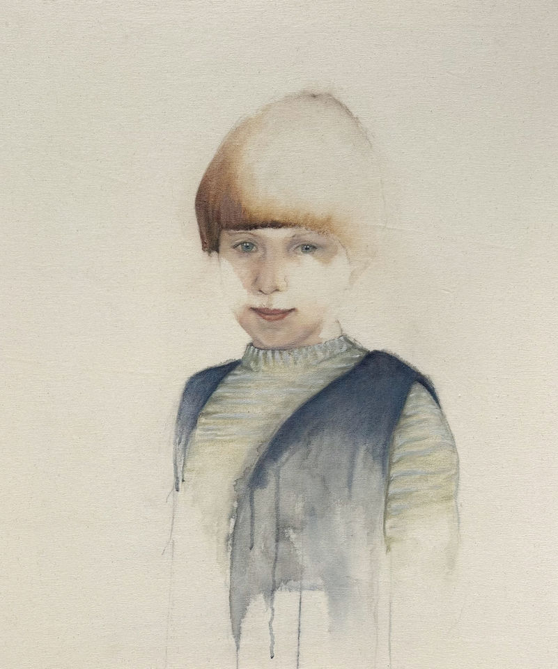 An expressive oil portrait of a young girl, showing her head and upper body.The image is unfinished and fades away into drips of paint at the bottom. Parts of her face are left unpainted. She is looking out at the viewer. Her her is dark brown and cut in a bob. 