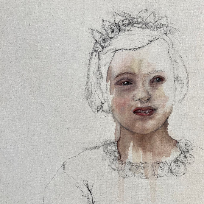 flower girl oil portrait
an expressive oil painting of a young girl dressed to attend a wedding. Very sparsely painted with areas left as drawing.