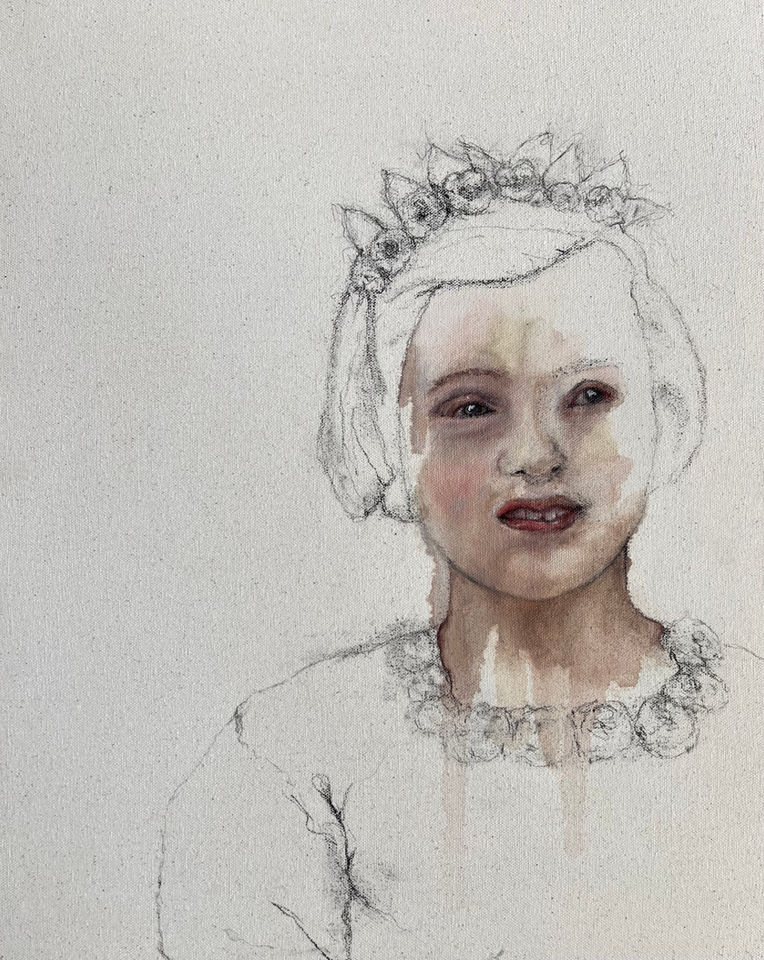 flower girl oil portrait
an expressive oil painting of a young girl dressed to attend a wedding. Very sparsely painted with areas left as drawing.